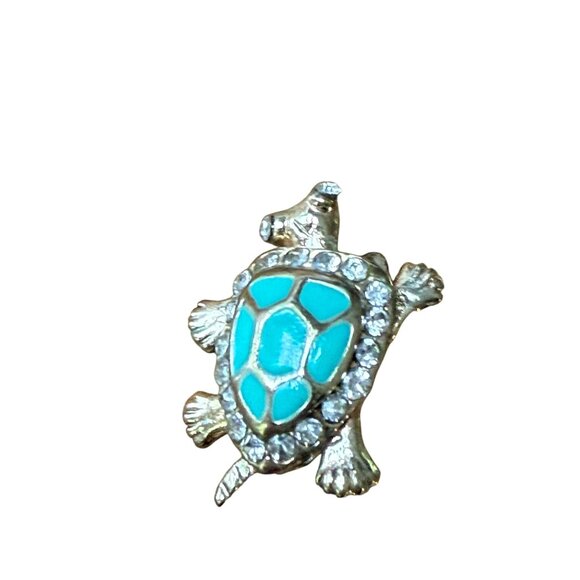 Blue Enamel Pave Rhinestone Turtle Clip-On Stud Earrings Gold Tone Nature - Picture 5 of 8